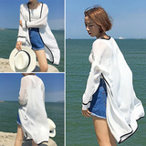 2016夏季新款女装韩版拼色中长款开衫外套 宽松长袖防晒衣雪纺衫
