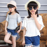 童装女童夏装2016新款韩版中大童短袖运动休闲蕾丝牛仔裤两件套装