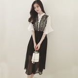 韩国代购波西米亚假两件拼接中长款喇叭袖雪纺蕾丝衬衫连衣裙子女