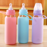 果冻色硅胶套隔热奶瓶 儿童小孩创意纯色防烫安全玻璃奶瓶