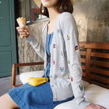 DAISYGIRL韩版刺绣修身羊绒短款圆领长袖针织衫开衫毛衣女潮