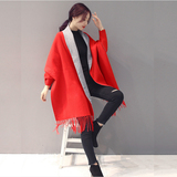针织衫女开衫中长款2016韩版羊毛纯色蝙蝠袖气质翻领流苏不对称潮