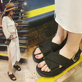 2016夏季韩版新款皮带扣平底露趾凉鞋松糕底一字拖鞋学生平跟女鞋
