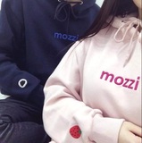 韩国ulzzang原宿bf男女情侣装刺绣草莓连帽加绒套头外套粉色卫衣