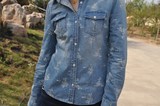 欧美风2013春款外贸原单女式水洗牛仔花衬衫修身显瘦衬衣长袖衬衫