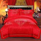 婚庆四件套家纺床上用品刺绣大红全棉里结婚六件套床单式中式