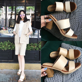 高跟拖鞋女夏2016新款 韩版粗跟一字型凉拖 时尚休闲外穿真皮凉鞋