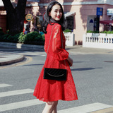 2016秋季韩版红色休身显瘦A字大码蕾丝镂空连衣裙长袖气质大摆潮