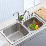 正品水槽 304不锈钢厨房双槽一体拉丝成型洗菜盆加厚带龙头洗碗池
