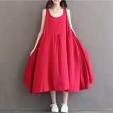 森女系2016新款大码红色无袖背心裙大摆型连衣裙宽松女裙夏季长裙