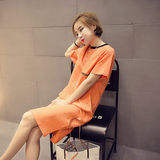2016夏装新款韩版个性细横条纹中长款T恤短袖连衣裙夏季女装橘色