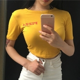 2016夏装新款韩版学院风字母pizza露腰半截袖 修身显瘦短袖T恤女
