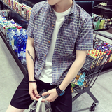 夏季格子衬衫外套男短袖韩版修身休闲寸衫青年学生个性半袖衬衣潮
