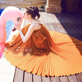 左岸潇SP同款蕾丝吊带渡假风连衣裙 桔色百褶V领雪纺泰国海边长裙