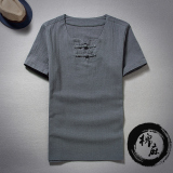 夏季中国风男士亚麻短袖大码T恤套装复古棉麻纯色盘扣薄民族风