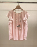 2016夏季新款女装荷叶袖套头上衣 韩版宽松显瘦V领粉色雪纺衫