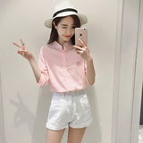 2016夏季新款韩版百搭时尚五分袖棉麻白衬衫女立领OL中袖亚麻衬衣