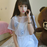 夏季女装韩版软妹兔子刺绣欧根纱蓬蓬裙中长款学生连衣裙两件套装