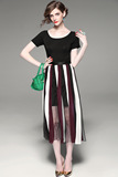 艾格芙欧洲站夏季新款网纱条纹撞色中长裙+针织短袖包臀裙套装女