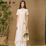 复古中国风连衣裙 女装夏季 手绘唐装短袖盘扣旗袍假两件式37023