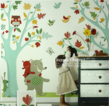 美国进口WQ纯纸壁纸 森林伙伴小动物树木图案成品壁画儿童房墙纸