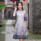 2016夏季新款民族风女装裙子中国风印花中长款修身立领雪纺连衣裙