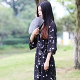 梅子熟了2016新款夏 文艺黑色日系连衣裙女 复古V领雪纺长裙显瘦
