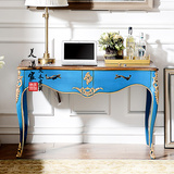 美式实木描金雕花书桌彩色法式复古蓝色玄关桌写字台实木电脑桌子