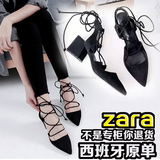 Zara夏季新款绑带中跟粗跟凉鞋黑色尖头女鞋浅口高跟真皮百搭单鞋