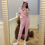 the pinkpo店主推荐 粉色针织套装裤运动套装女裤子套装2016