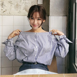 韩国代购2016秋新款长袖条纹衬衫一字领大码简约宽松打底上衣女装