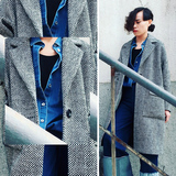 原创设计2016秋冬加厚直筒西装领一粒扣毛呢外套大衣女中长款条纹