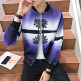 秋装新款3D立领韩版印花夹克开衫 男士青年修身太空棉薄款外套潮
