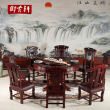 红木家具餐桌圆桌 东阳中式餐厅饭桌面雕花圆台 非洲酸枝木圆餐桌