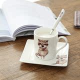 聚可爱 北欧风手绘马克杯萌系动物创意牛奶陶瓷咖啡杯碟配勺套装
