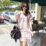 2016夏季新款韩国代购显瘦中长款甜美层次荷叶袖粉色V领连衣裙女