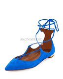 2016夏aquazzura新款蓝色羊反绒平底鞋欧美浅口舒脚绑带女单鞋