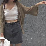韩国复古chic小众V领开衫薄款防晒衣夏季7分喇叭袖透视罩衫外套女