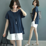 2016夏季新韩版短袖上衣T恤两件套 松紧腰棉麻阔腿短裤时尚套装女