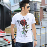 夏季男士3D印花短袖t恤丅血青年纯棉玫瑰花潮牌个性半袖体恤nan土
