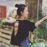 2016夏季新款女装韩国复古宽松漏肩T恤显瘦休闲短袖学生韩版上衣