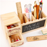 韩版创意DIY双层铅笔筒文具盒 木质带黑板抽屉式书桌面饰物收纳盒
