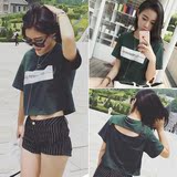 2016夏季新款韩版显瘦短款上衣后背镂空字母印花圆领短袖T恤女装