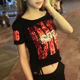 韩版夏装新款时尚女装短袖性感夜店亮片字母上衣修身露肚T恤短款