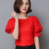 2016春夏新款蕾丝衫红色上衣女韩版圆领修身显瘦短袖灯笼袖雪纺衫