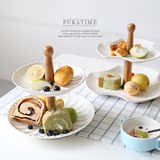 欧式高档创意双层水果盘子蛋糕盘点心干果盘下午茶盘木质陶瓷果盆