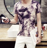 青年男士v领短袖T恤3D印花韩版时尚修身潮男装2016夏季新款半袖潮