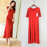 2015韩版连衣裙通勤气质纯色红色优雅文艺修身超长拖地打底长裙