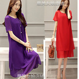 夏天季大红紫色中长款大码短袖宽松显瘦纯色雪纺连衣裙孕妇装长裙