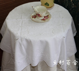 老货库存外贸出口原单手工刺绣菊花白色纯棉麻方形盖巾桌布